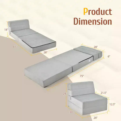 Poltrona Tri-Fold Pieghevole a Scomparsa Chaise Longue Convertibile Divano Letto Dormitorio Grigio