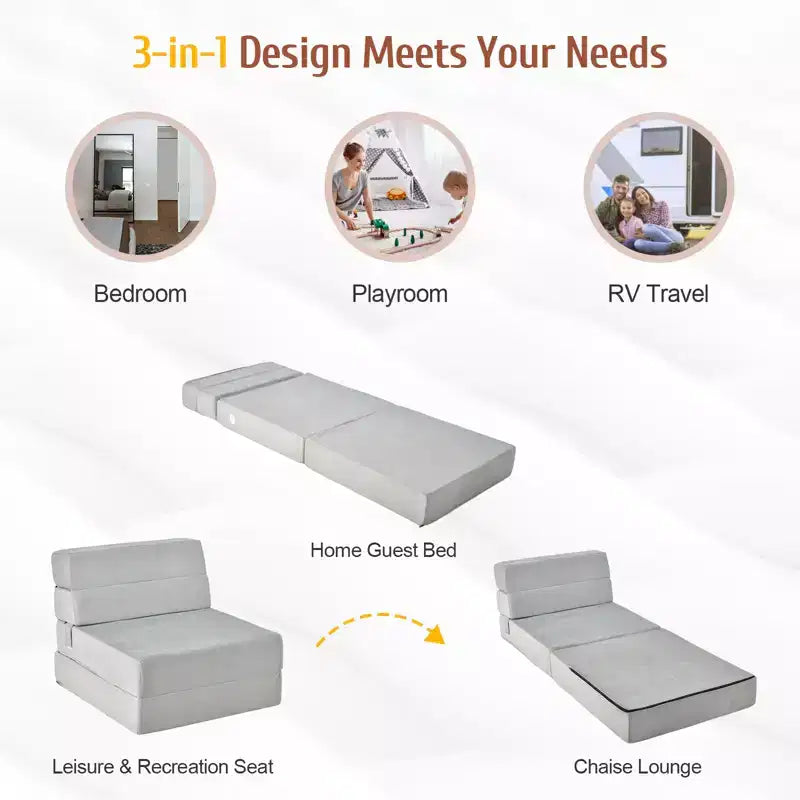 Poltrona Tri-Fold Pieghevole a Scomparsa Chaise Longue Convertibile Divano Letto Dormitorio Grigio