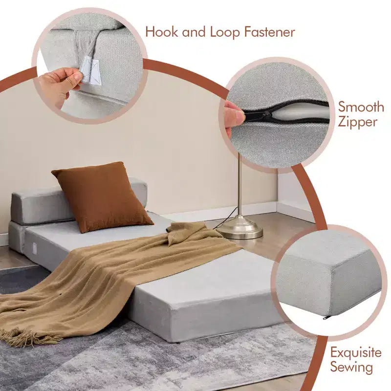Poltrona Tri-Fold Pieghevole a Scomparsa Chaise Longue Convertibile Divano Letto Dormitorio Grigio