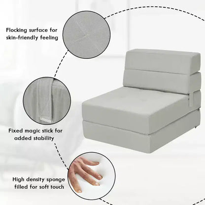 Poltrona Tri-Fold Pieghevole a Scomparsa Chaise Longue Convertibile Divano Letto Dormitorio Grigio